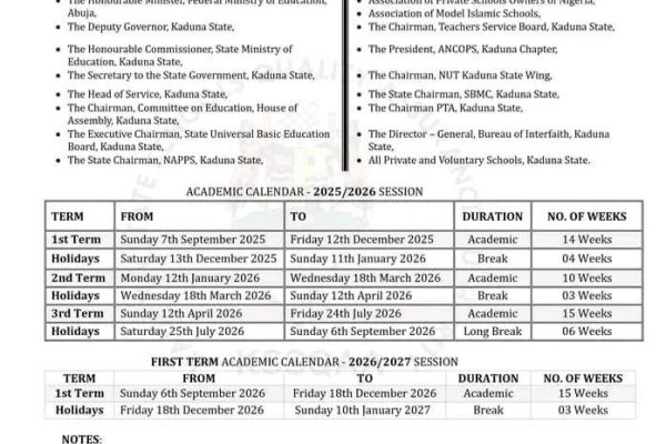 Kaduna State Releases Revised 2025/2026 Schools Academic Calendar
