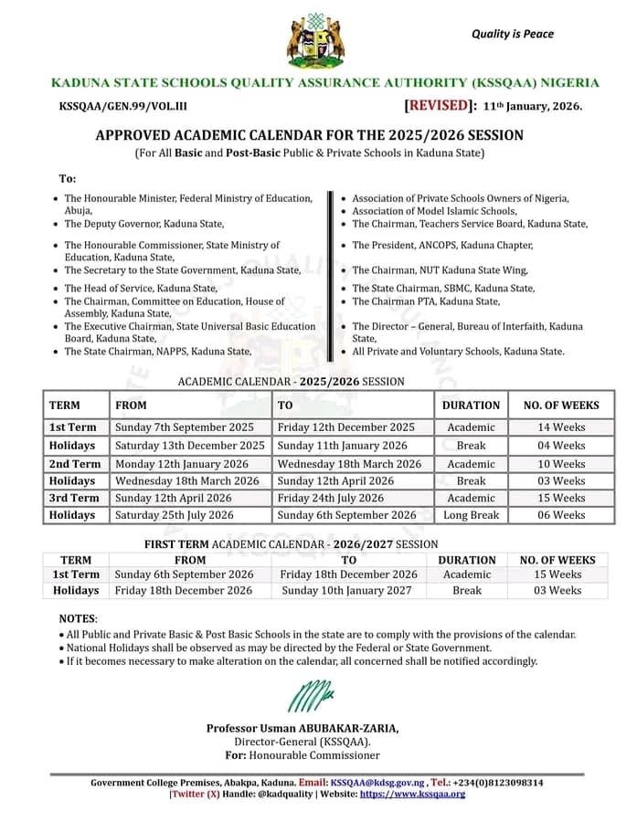 Kaduna State Releases Revised 2025/2026 Schools Academic Calendar