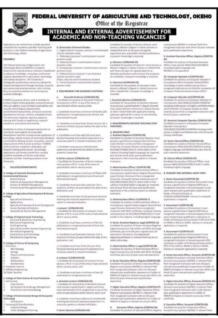FUNATO Okeho 2026 Recruitment for Academic and Non-teaching Vacancies 